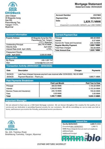 Myanmar CHID Bank wyciąg z kredytu hipotecznego szablon Word i PDF